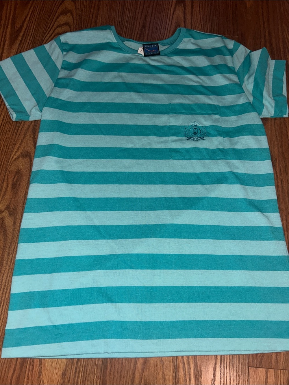 Vintage Jantzen Mint Green White Striped Made USA Single Stitch Pocket T-Shirt L